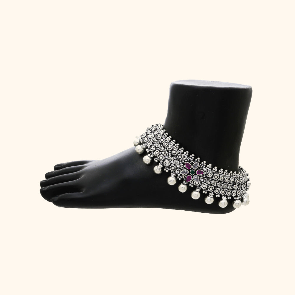 Traditional Oxidised Payal/Anklet With Pink And Green Stones (Pair)