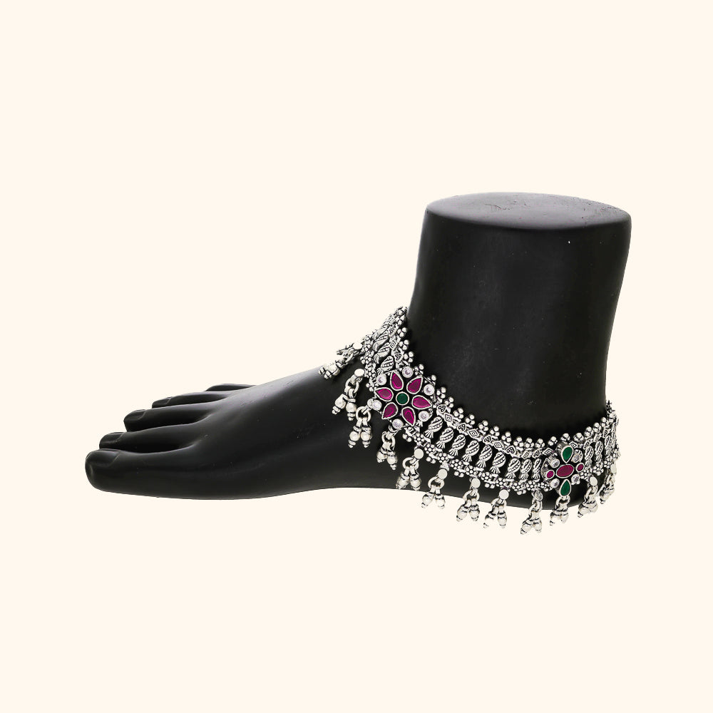 Traditional Ghungroo Oxidised Payal/Anklet With Pink And Green Stones (Pair)