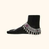 Traditional Ghungroo Oxidised Payal/Anklet With Pink And Green Stones (Pair)
