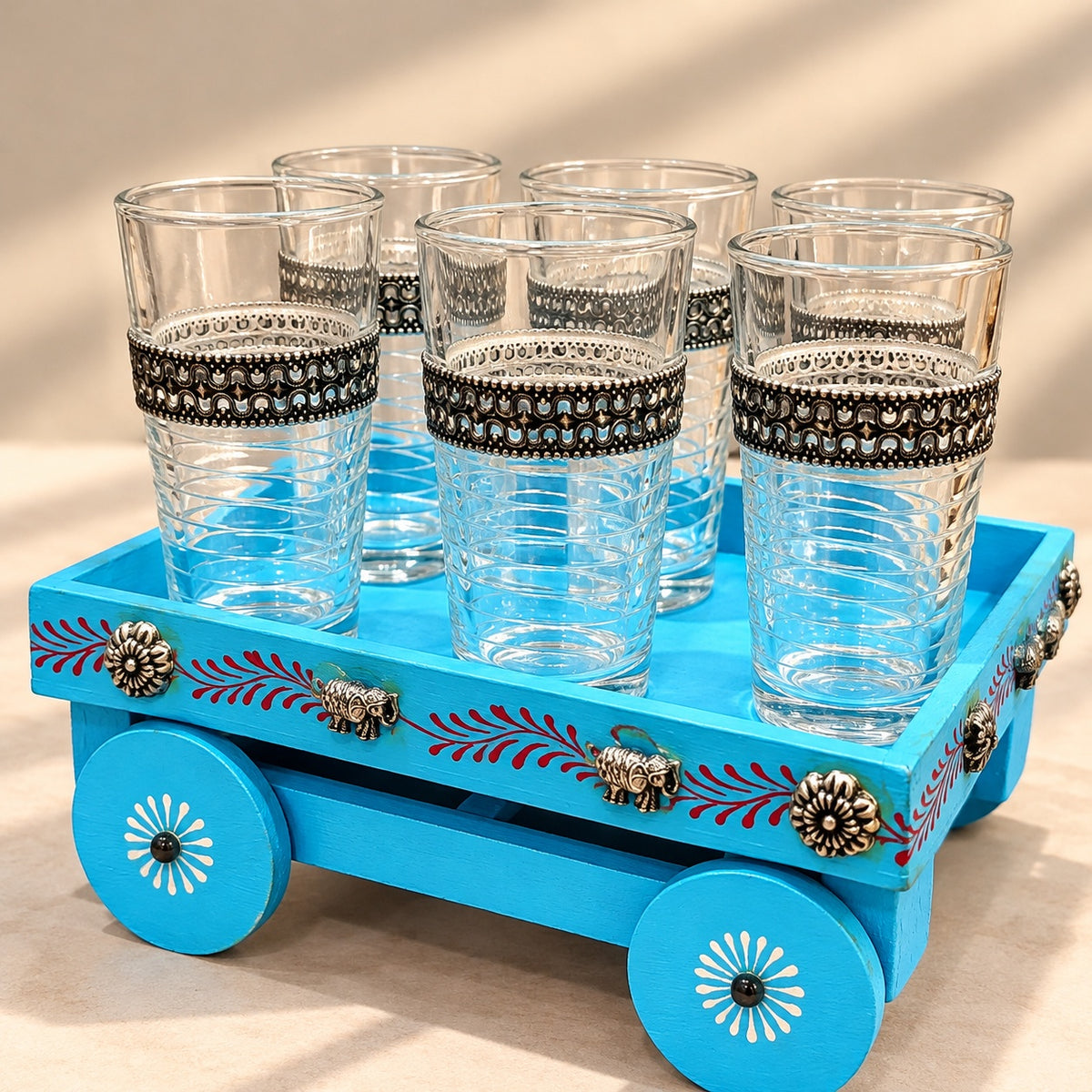 Blue Wooden Cart Glass Set