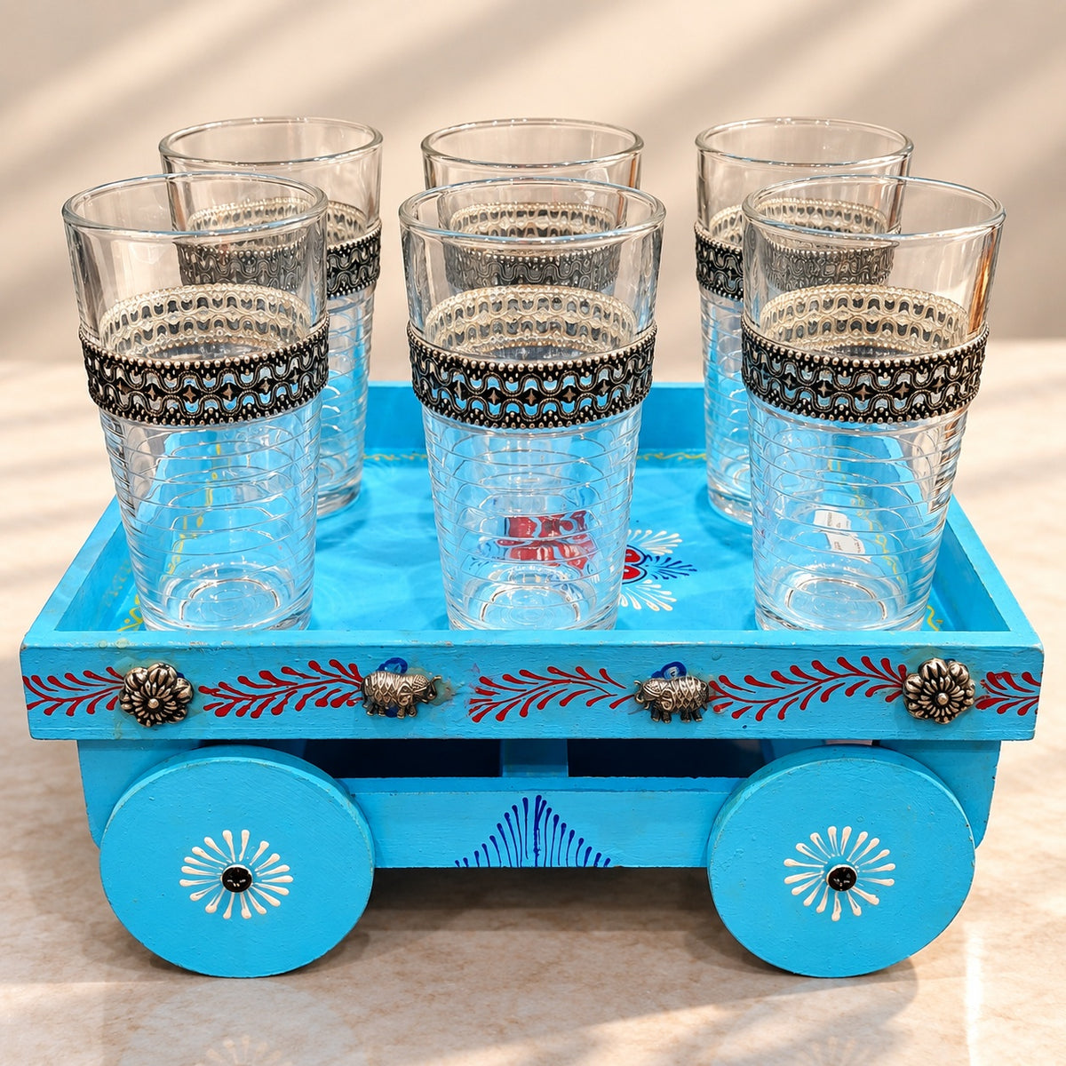 Blue Wooden Cart Glass Set