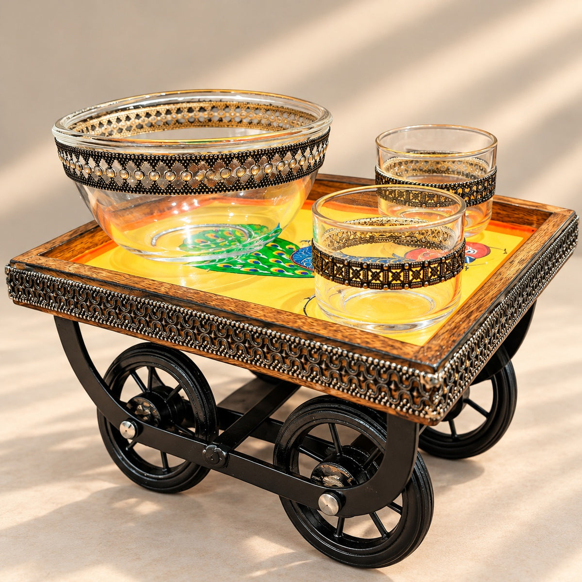 Peacock Wooden Cart Bowl Set