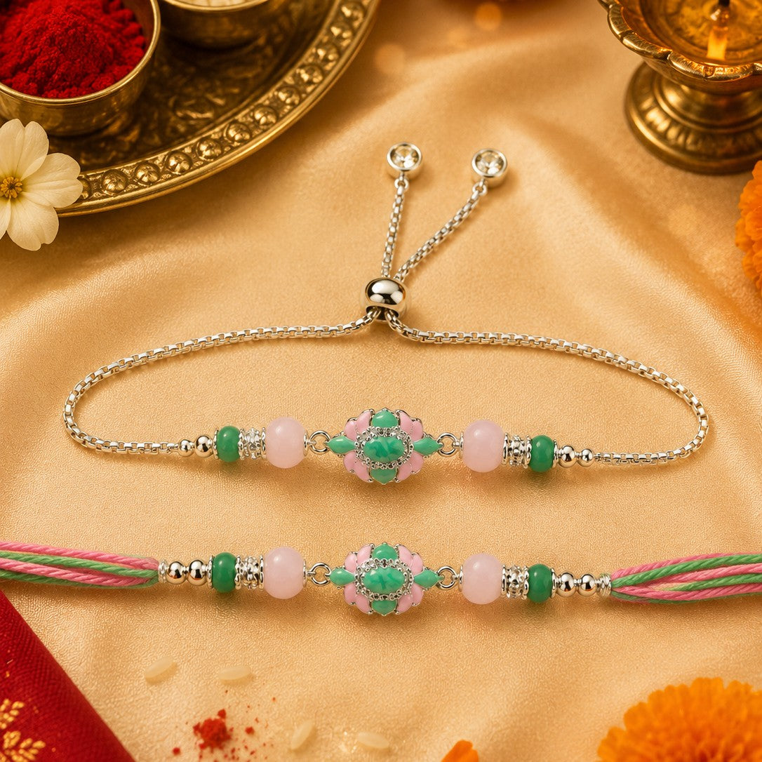 Pink & Green Floral Bhai–Bhabhi Rakhi Set