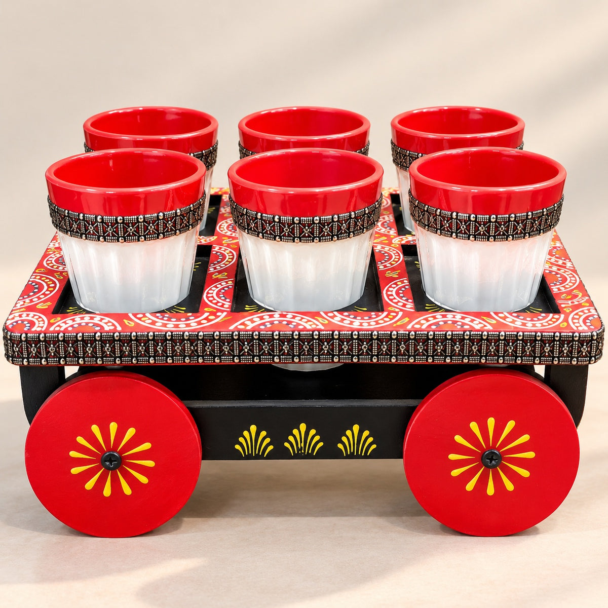 Red Wooden Cart Cup Set