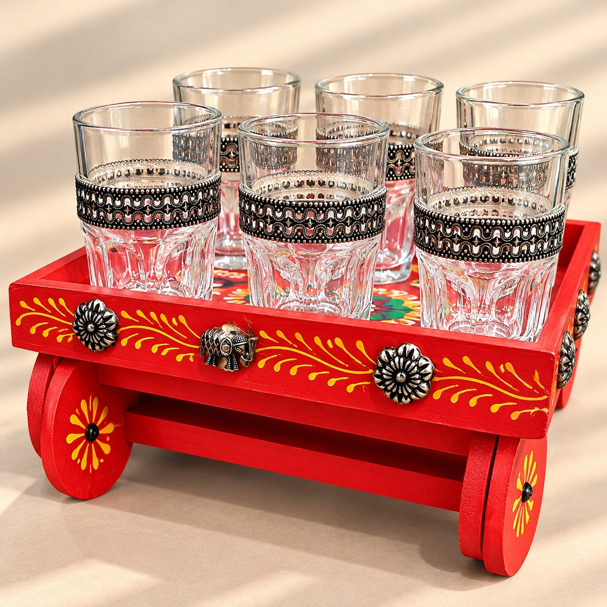 Red Wooden Cart Glass Set