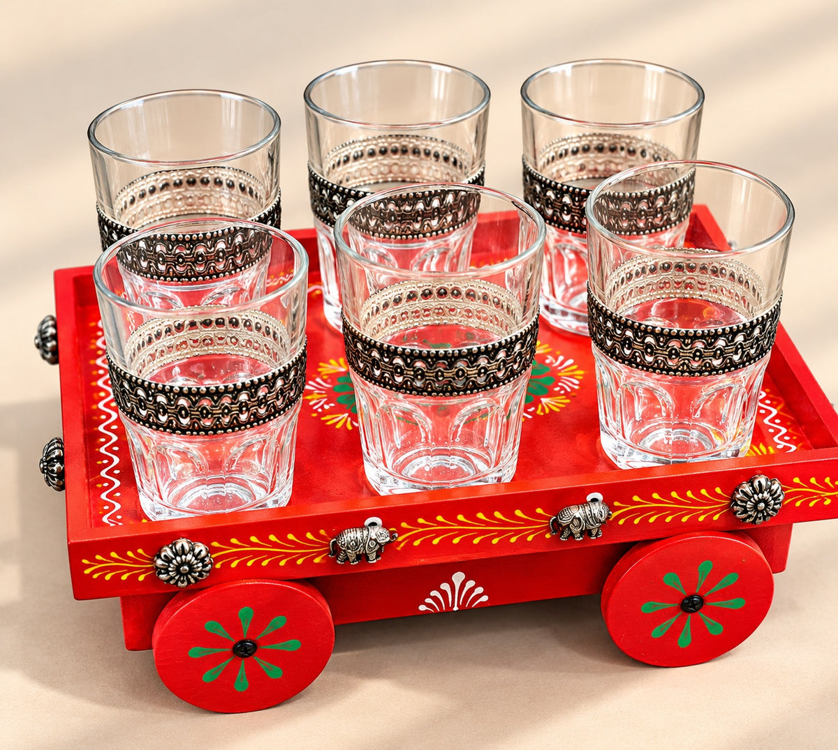 Red Wooden Cart Glass Set