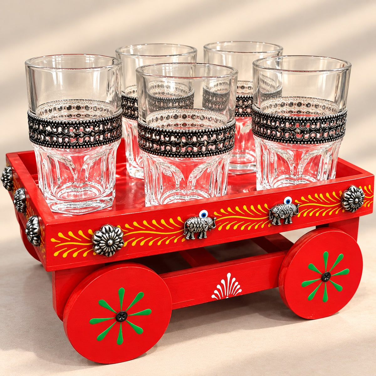 Red Wooden Cart Glass Set