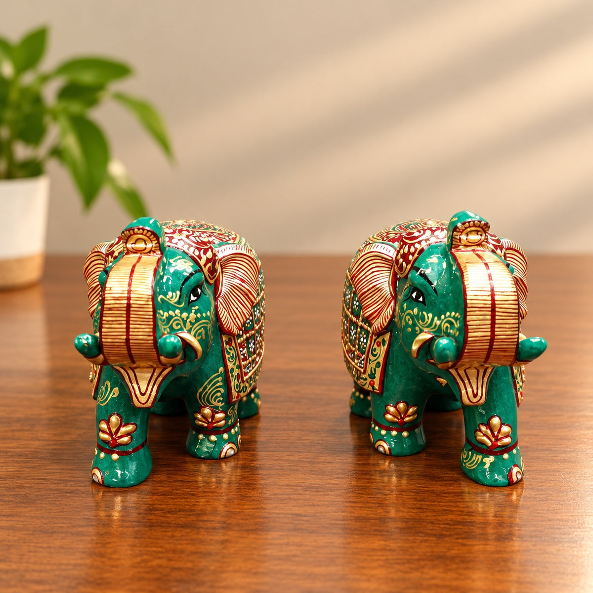 Royal Green Elephant Pair Showpiece