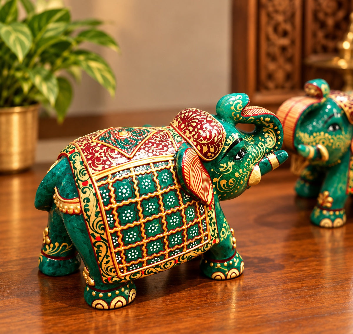 Royal Green Elephant Pair Showpiece