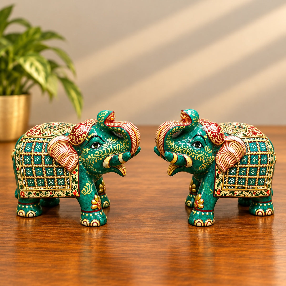 Royal Green Elephant Pair Showpiece