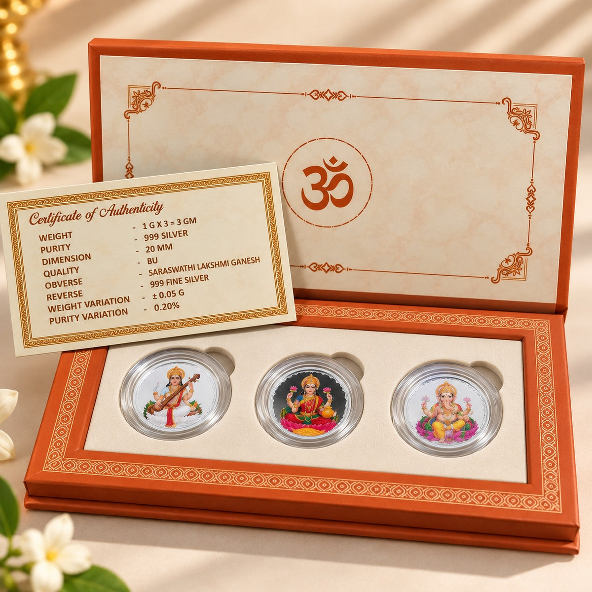 Saraswati Lakshmi Ganesh Silver Coin Gift Box