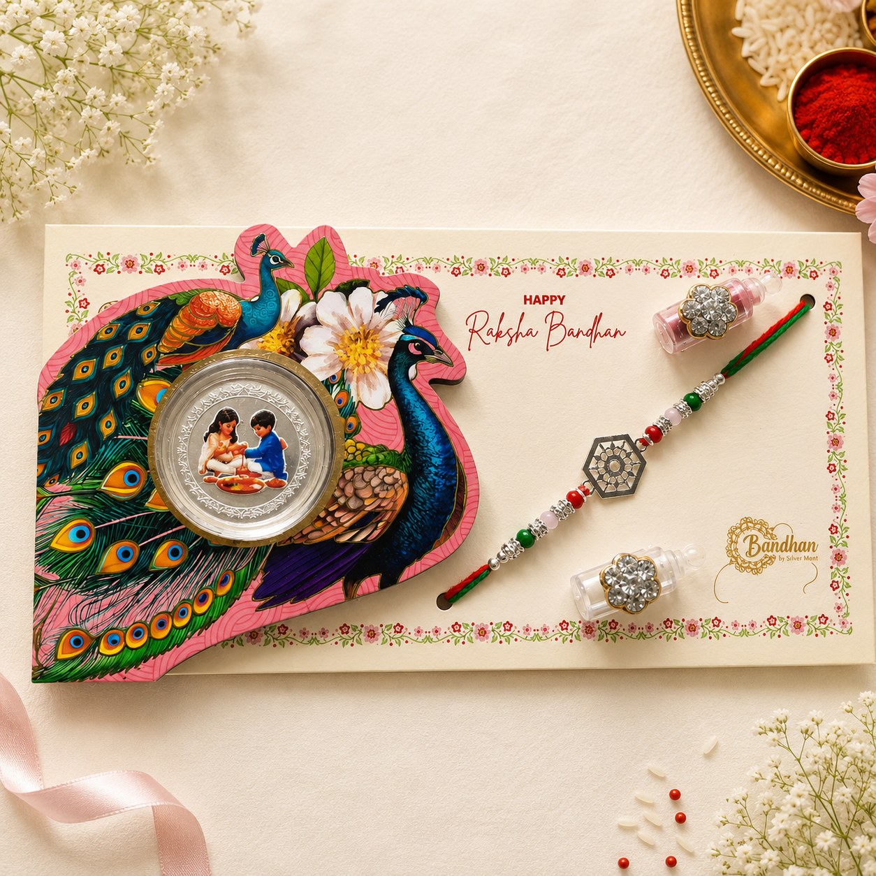 Shatkona Raksha Silver Rakhi Coin Gift Set