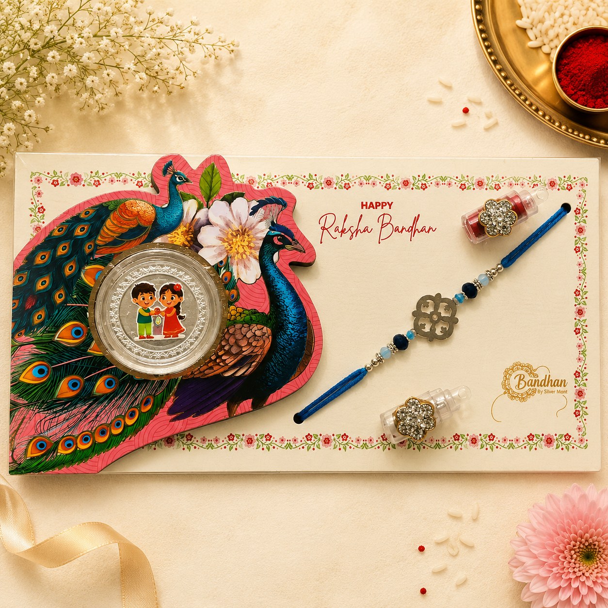 Shubh Pushpa Silver Rakhi Coin Gift Set