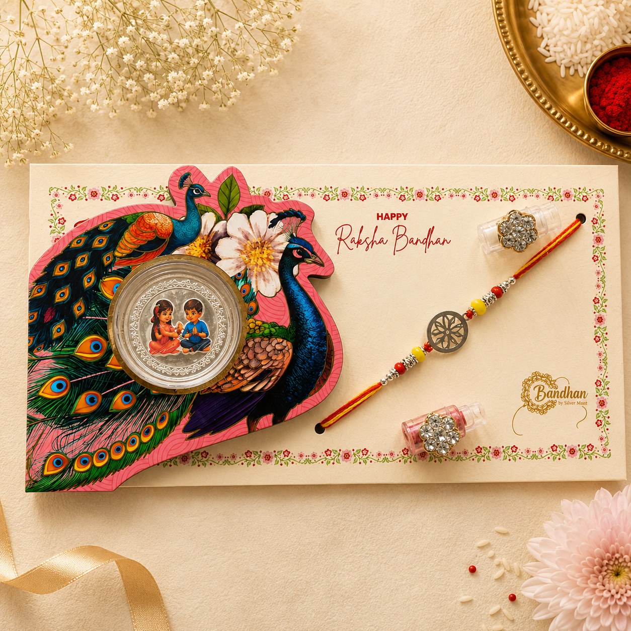 Surya Chakra Silver Rakhi Coin Gift Set
