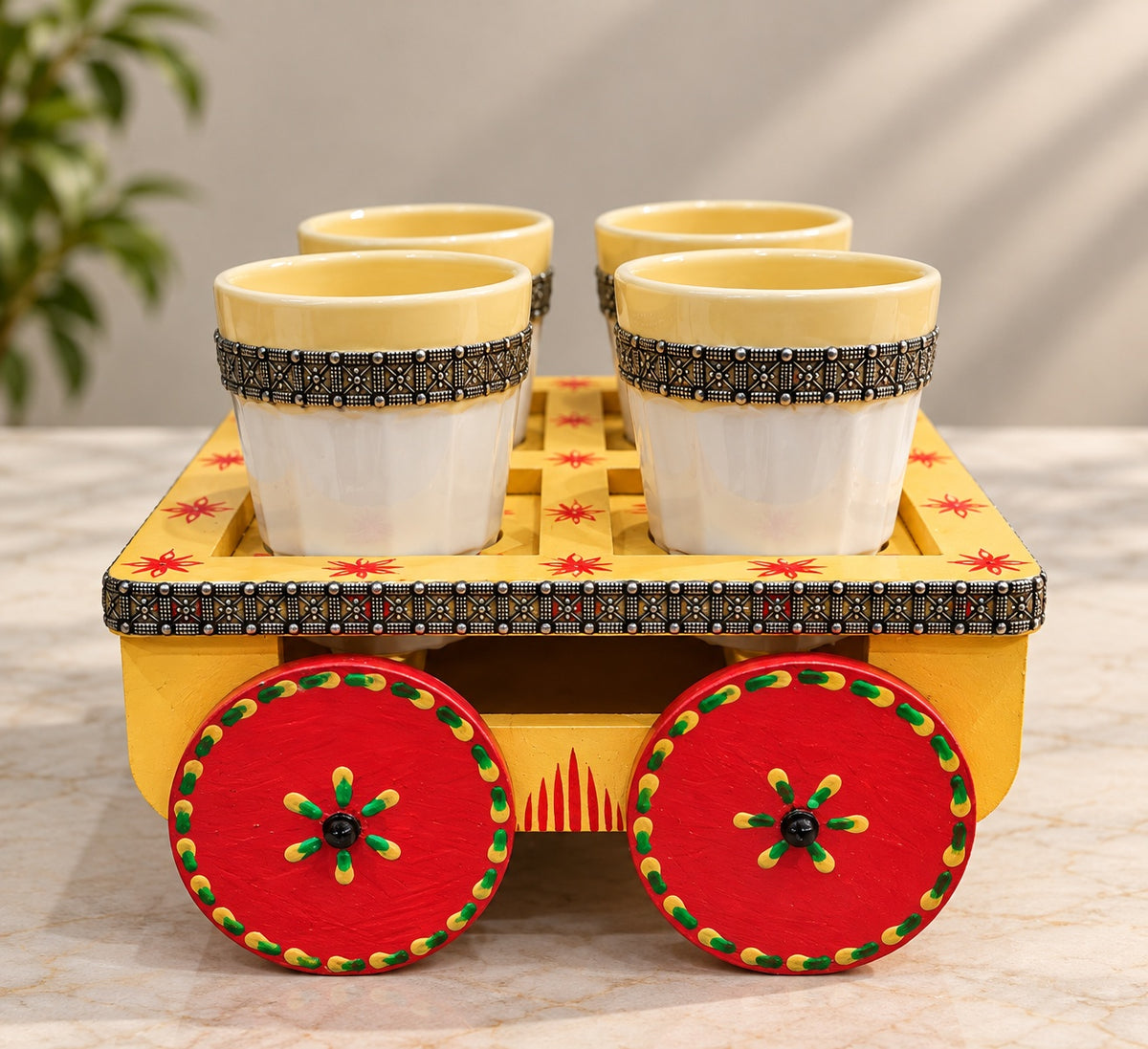 Yellow Wooden Cart Cup Set