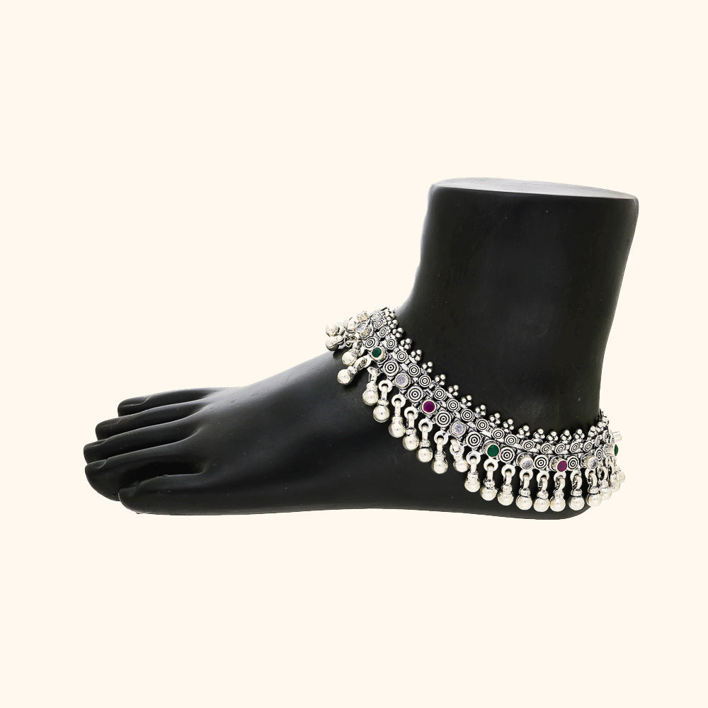 Traditional Ghungroo Oxidised Payal/Anklet with Green, Pink and White Stones (Pair)