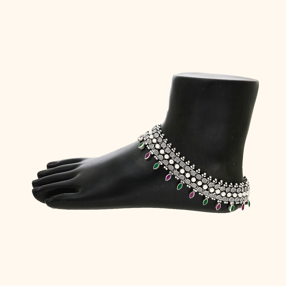 Traditional Designer Oxidised Payal/Anklet With Green and Pink Stones (In Pair)