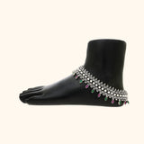 Traditional Designer Oxidised Payal/Anklet With Green and Pink Stones (In Pair)