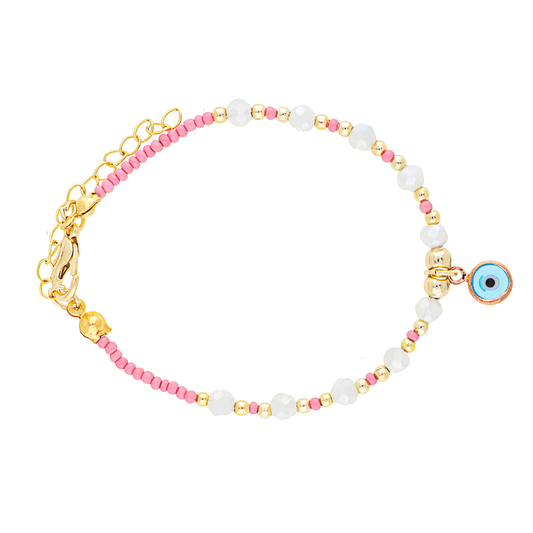 Pink and White Beads Evil Eye Brass Bracelet