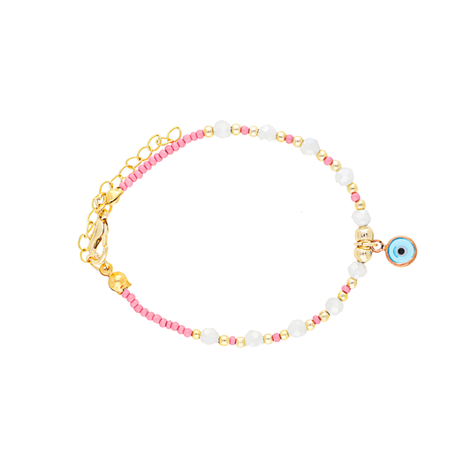 Pink and White Beads Evil Eye Brass Bracelet