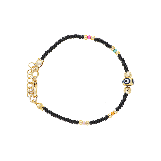 Black and Multi-Colour Beads Evil Eye Brass Bracelet