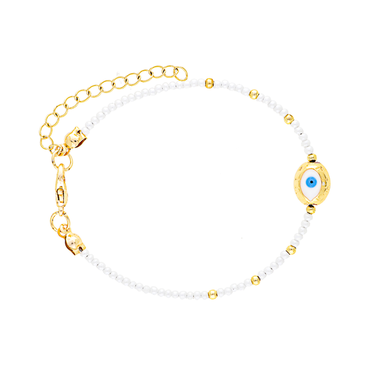 White Beads Evil Eye Brass Bracelet