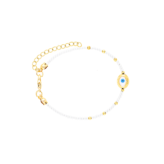 White Beads Evil Eye Brass Bracelet