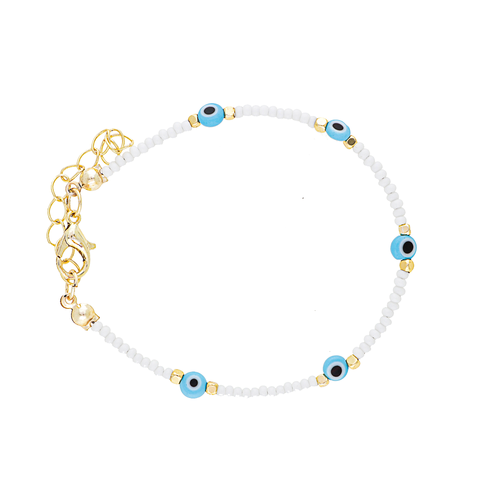 White Beads Evil Eye Brass Bracelet