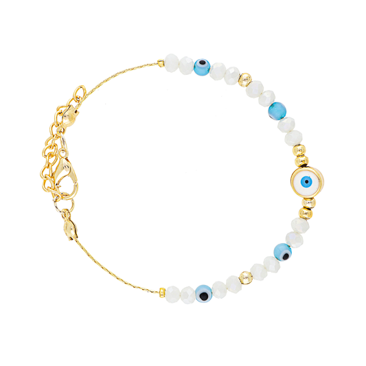 White Beads Evil Eye Brass Bracelet