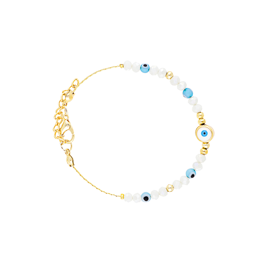 White Beads Evil Eye Brass Bracelet