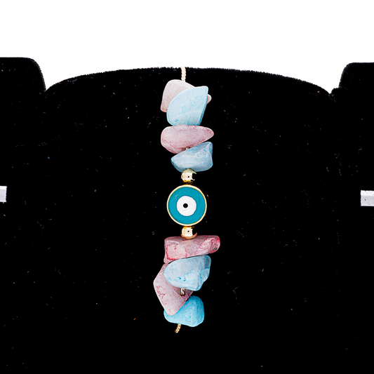 Aquamarine and Rose Quatz Evil Eye Brass Bracelet