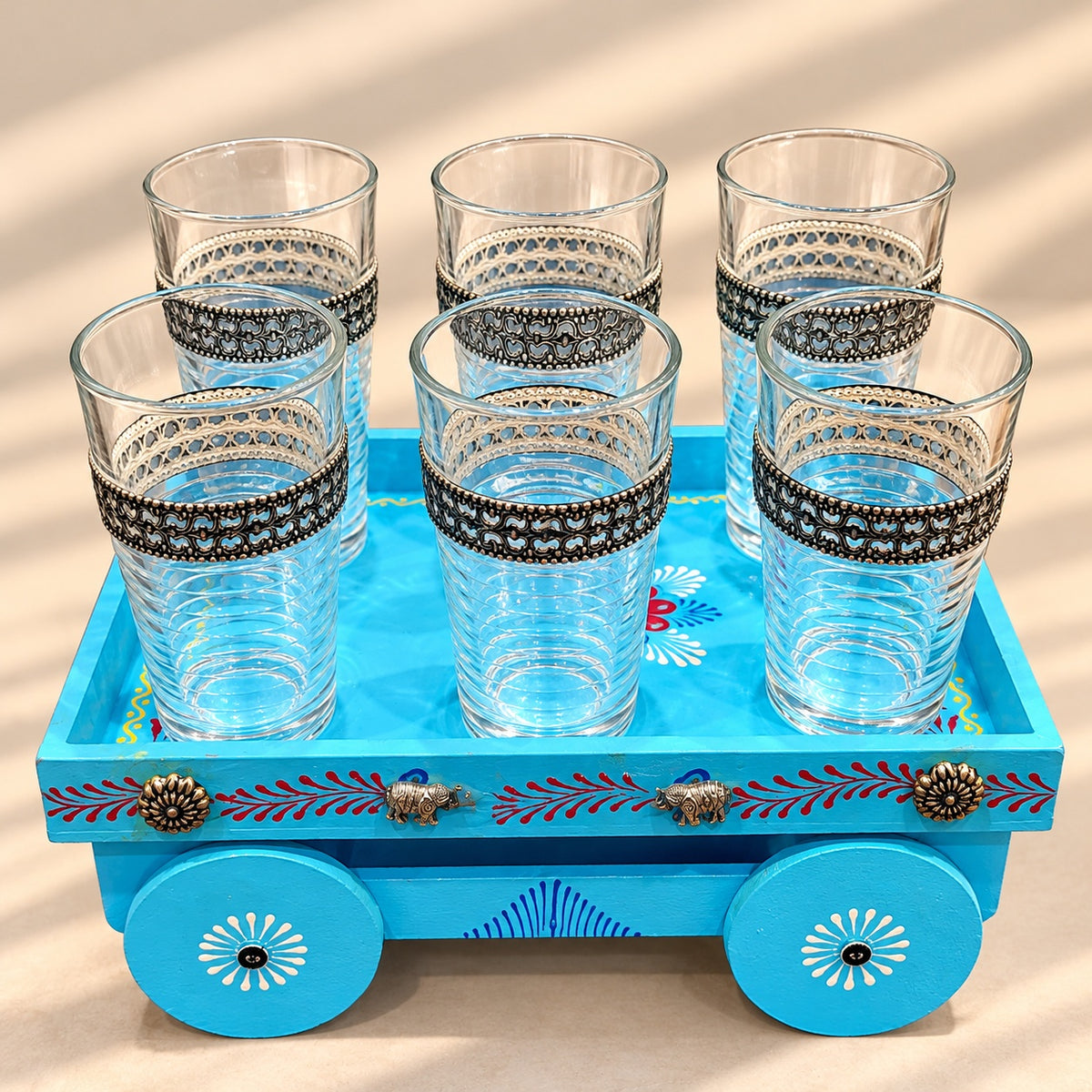 Blue Wooden Cart Glass Set