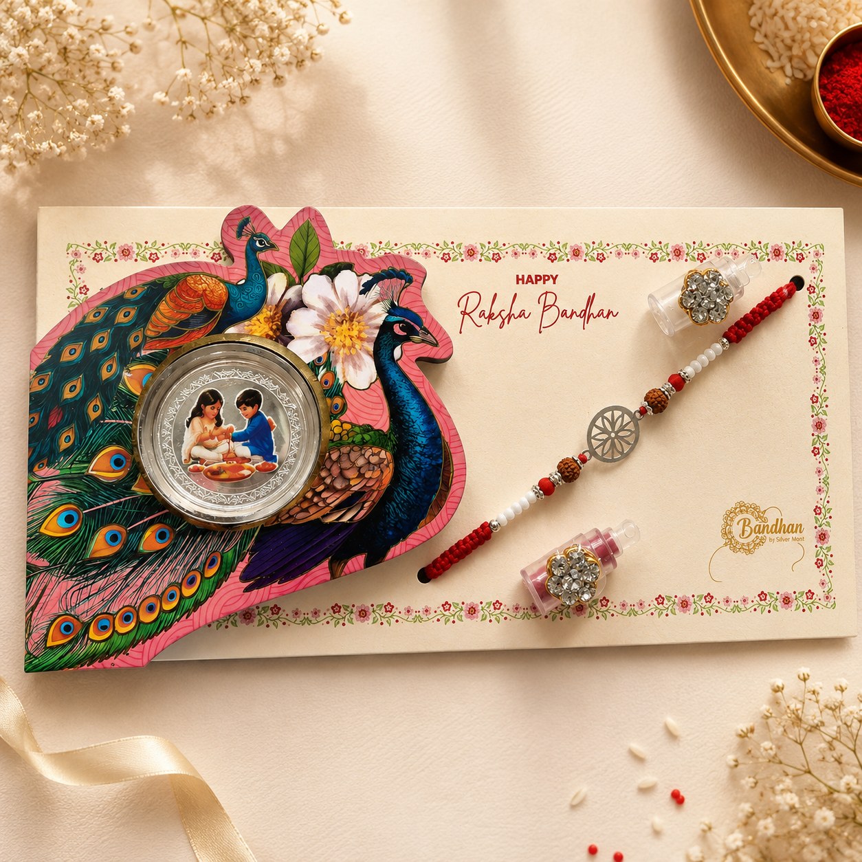Chakra Raksha Silver Rakhi Coin Gift Set