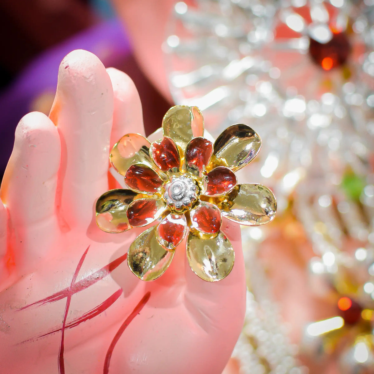 Gold Polish Flower With Red Meenakari