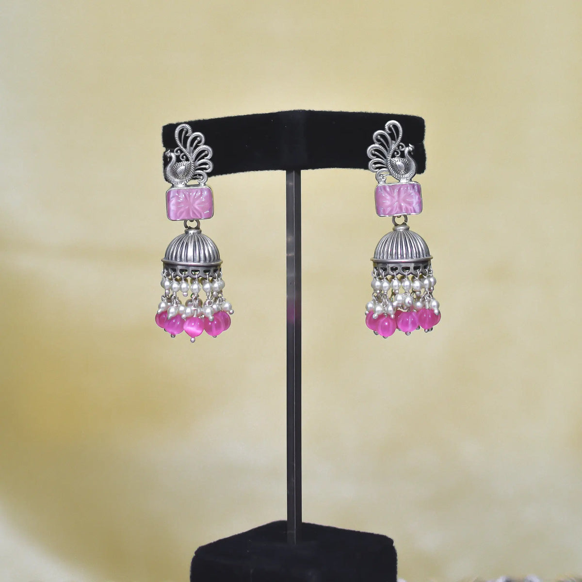 Exclusive Engraved Light Pink Stone Jhumkas