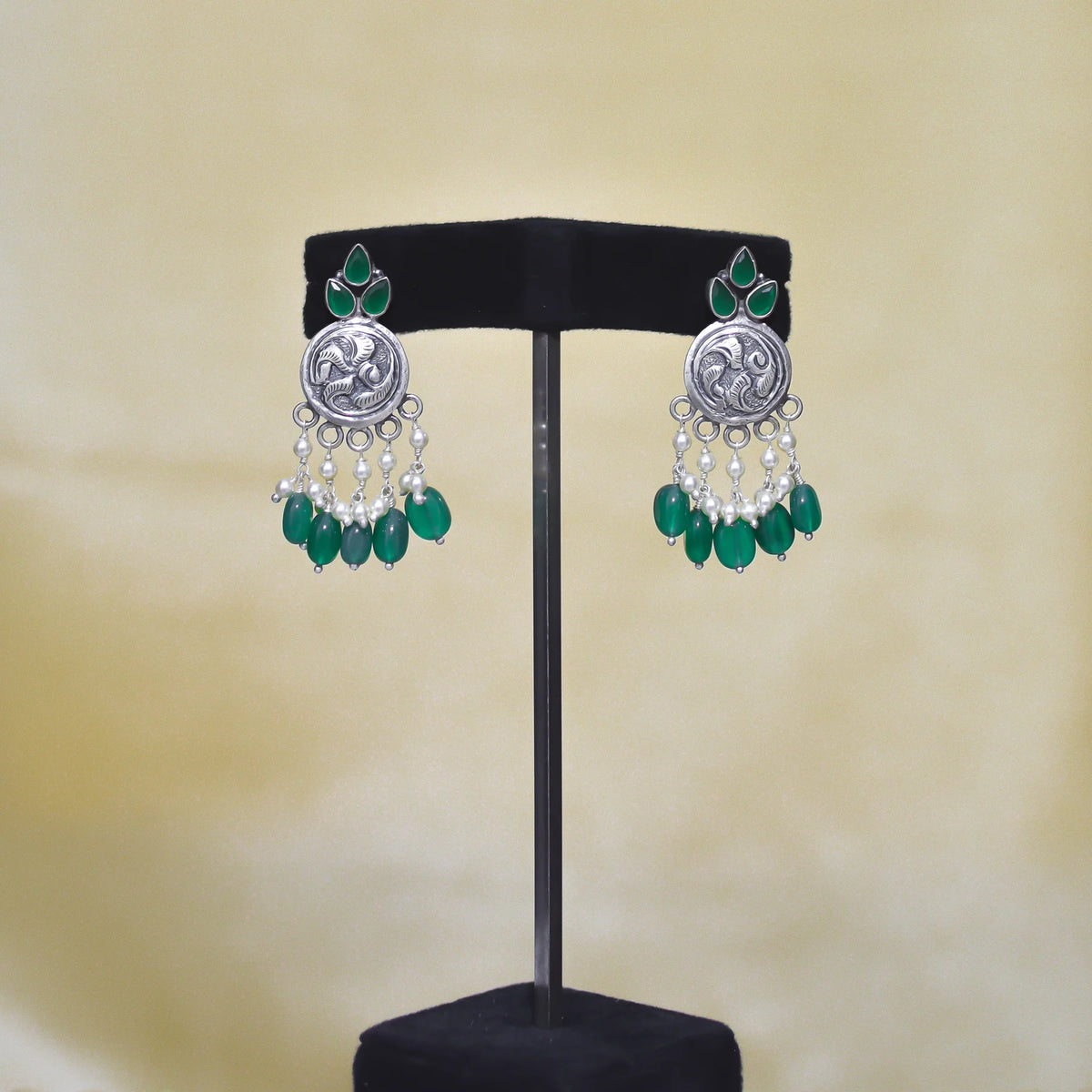 Dark Green Stone and Pearl Earrings