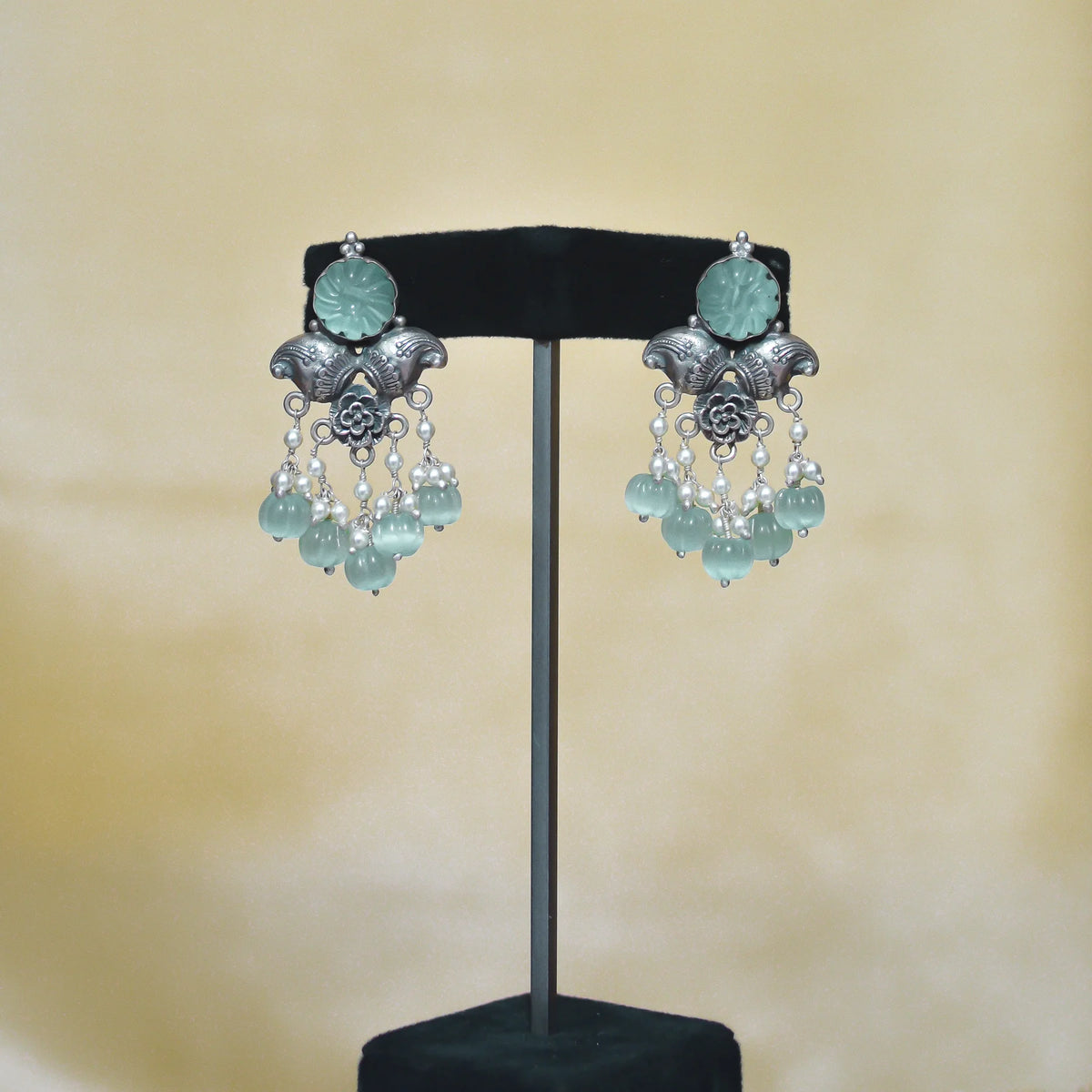 Exclusive Engraved Light Sea Green Stone Earrings