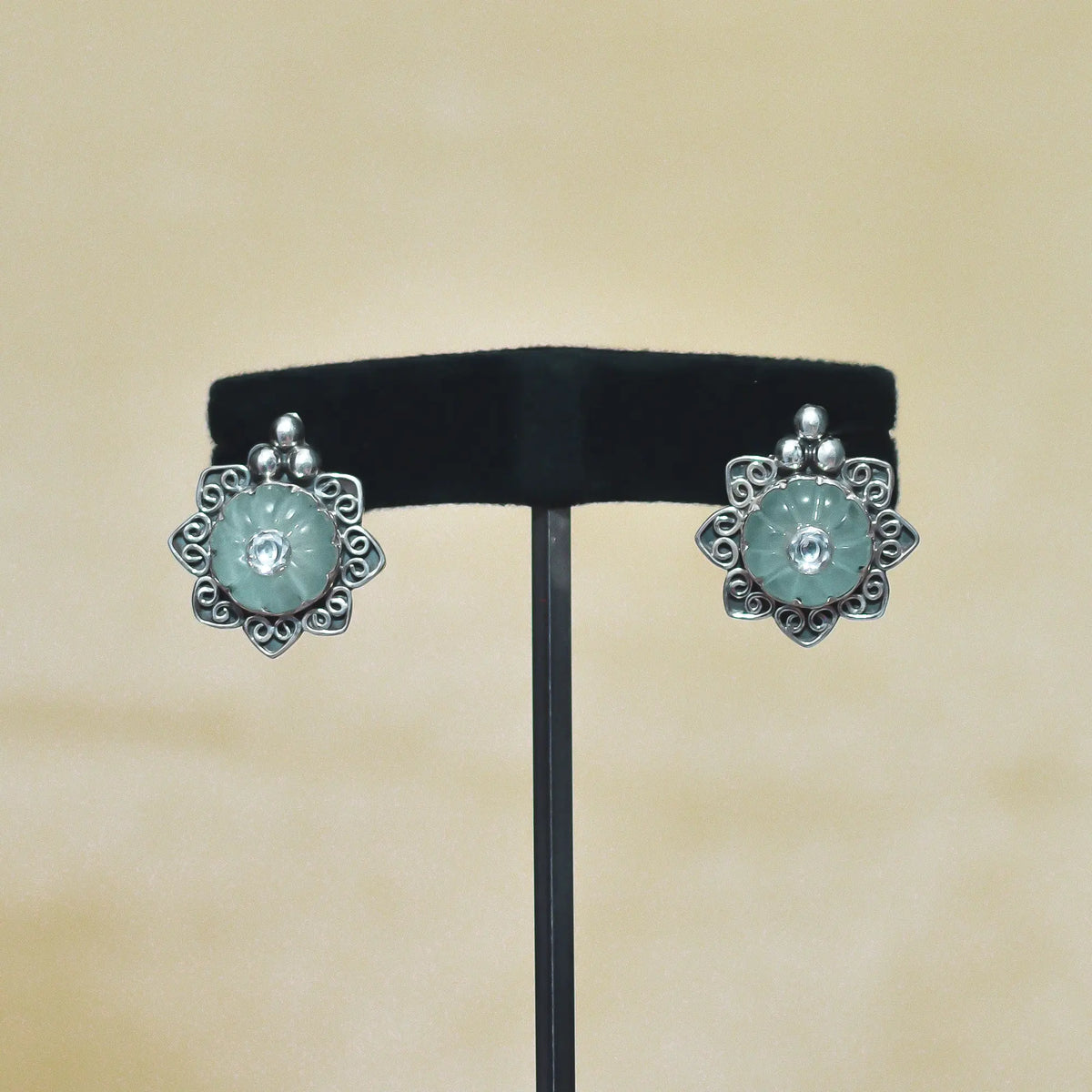 Exclusive Engraved Light Sea Green Stone Studs