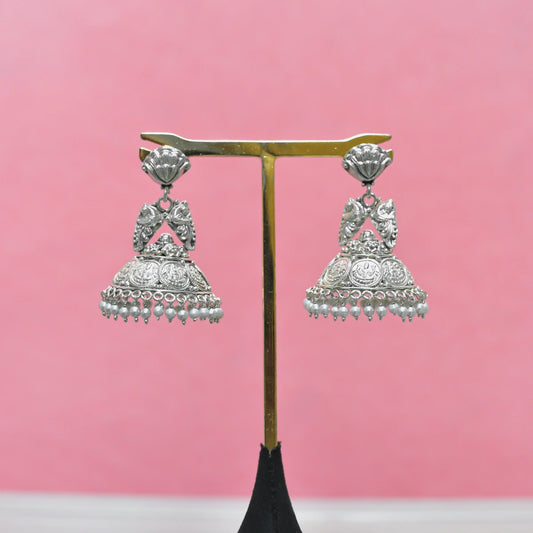 Oxidised Traditional Peacock And Laxmi Coin Jhumkas With Dangling Pearl