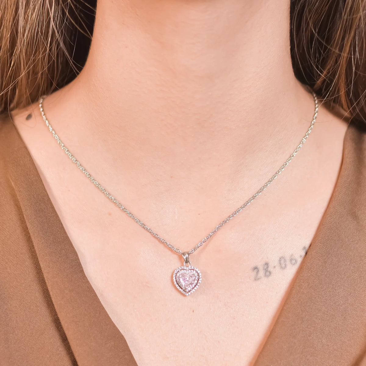 Pink Heart Halo Pendant With Chain