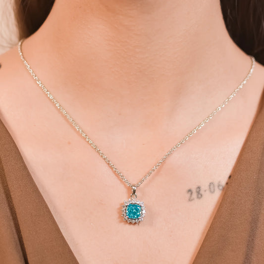Deep Aqua Solitaire Pendant With Necklace