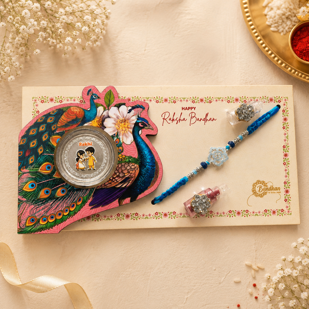 Mayur Bandhan Silver Rakhi Coin Gift Set