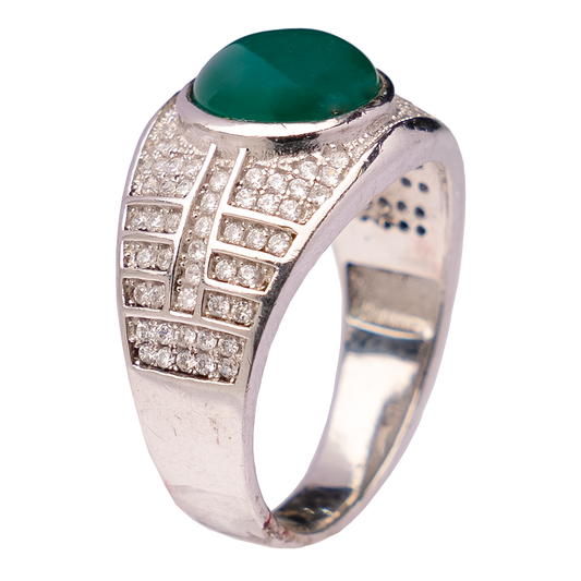 Green Stone with Zircon Diamonds Ring