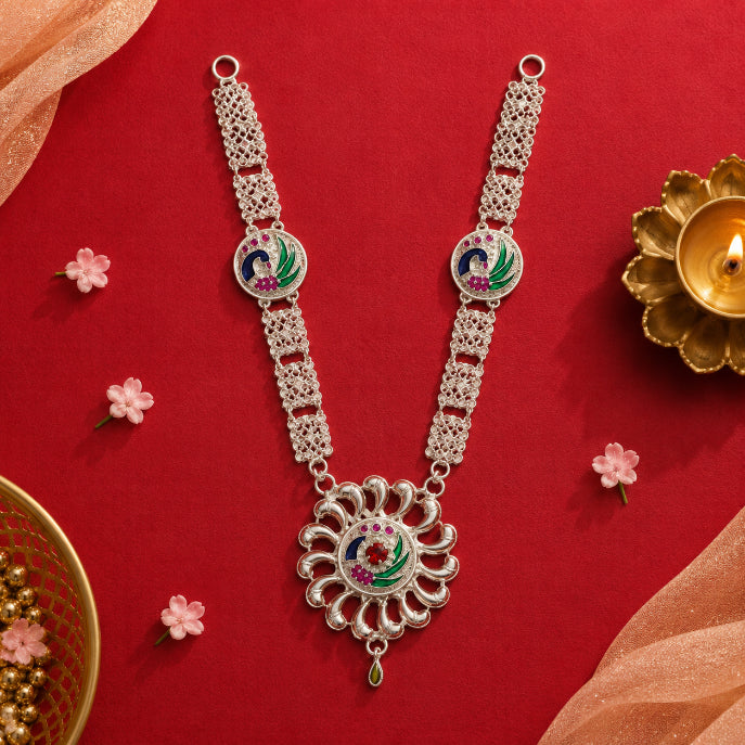 Peacock Silver Ganpati Haar