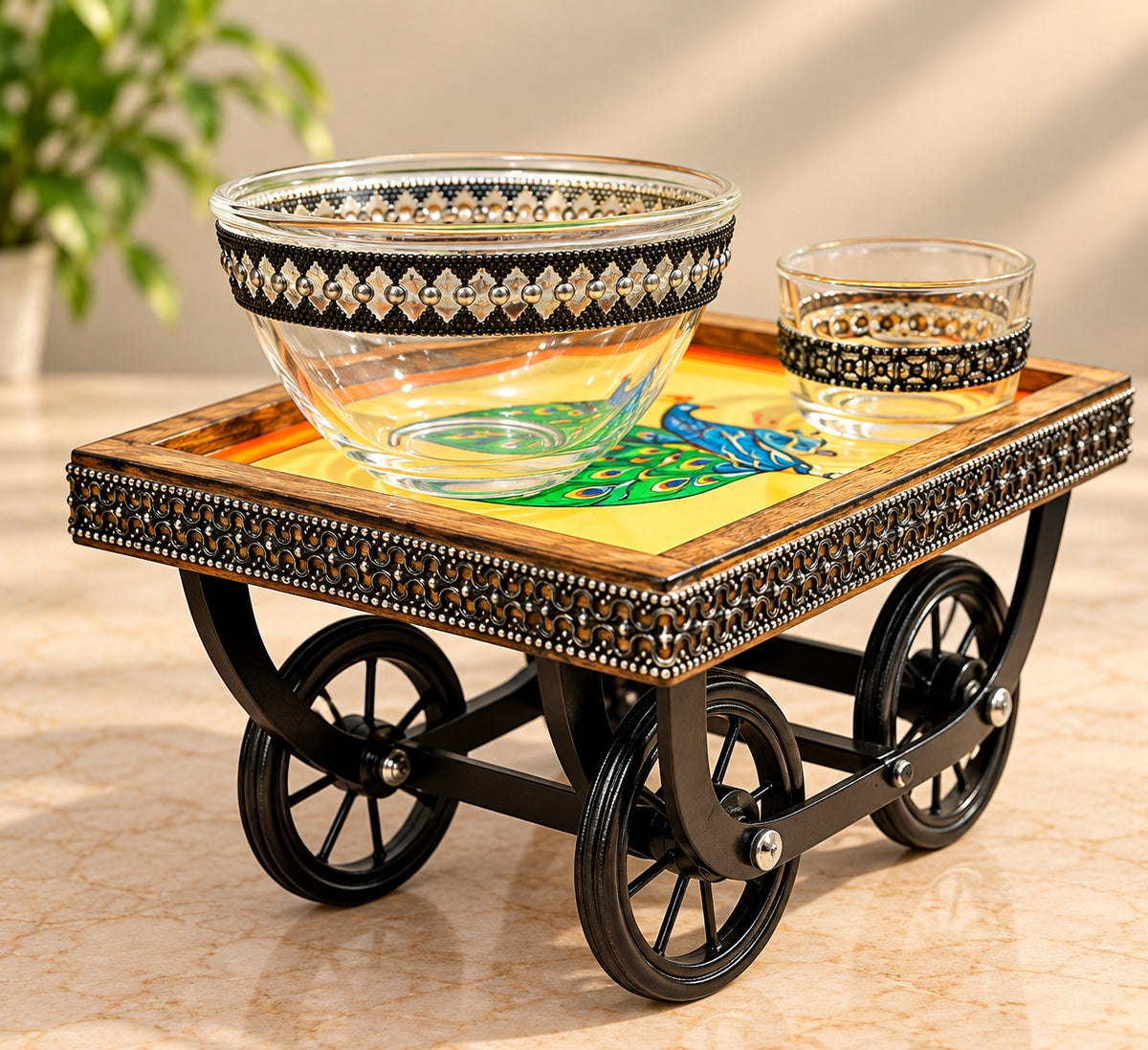 Peacock Wooden Cart Bowl Set