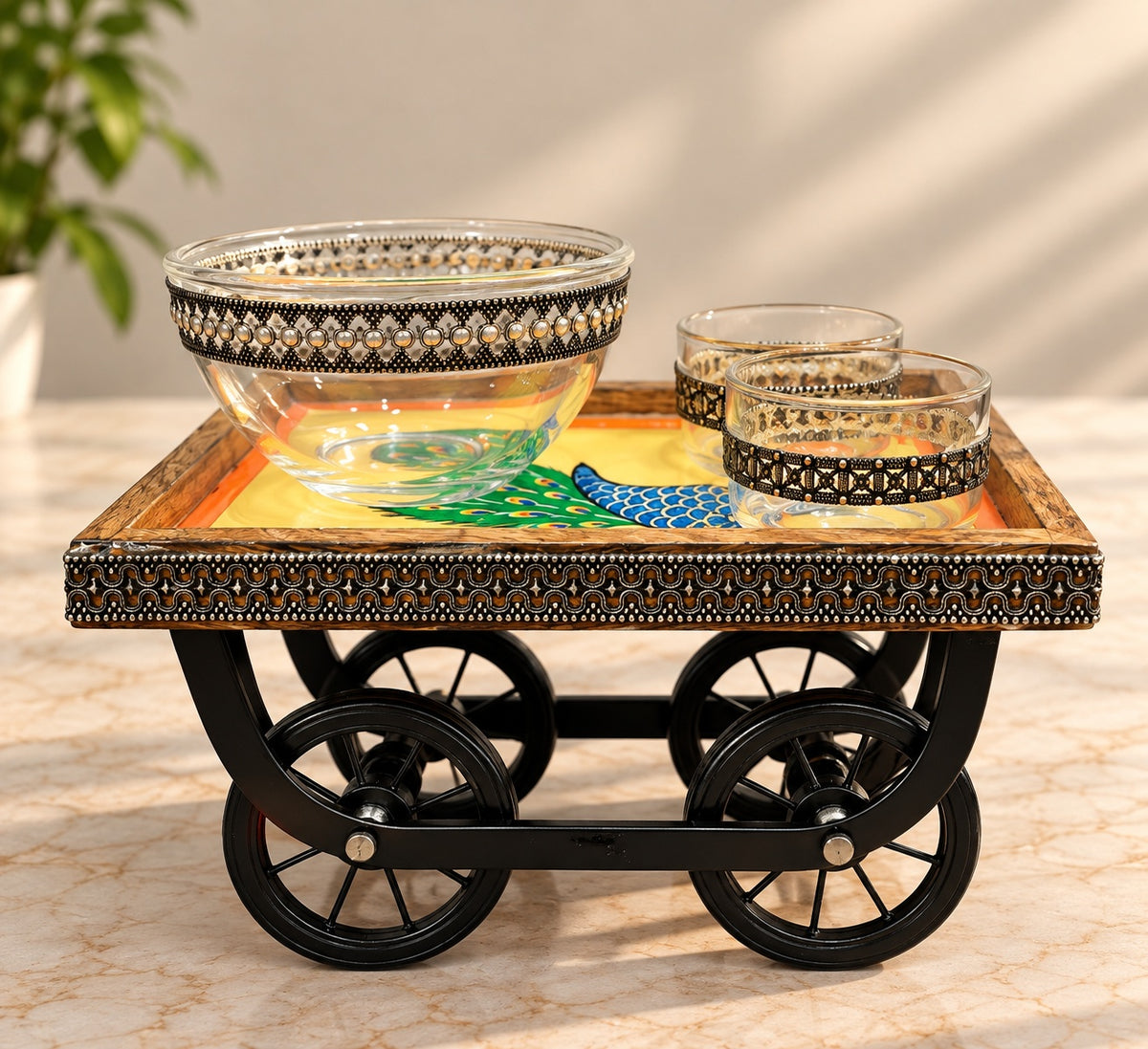 Peacock Wooden Cart Bowl Set