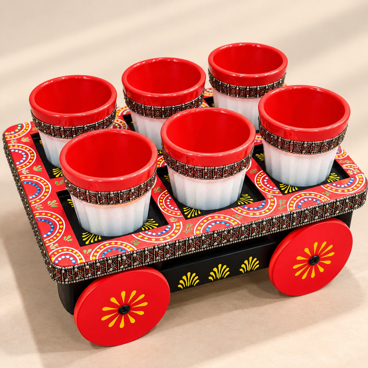 Red Wooden Cart Cup Set