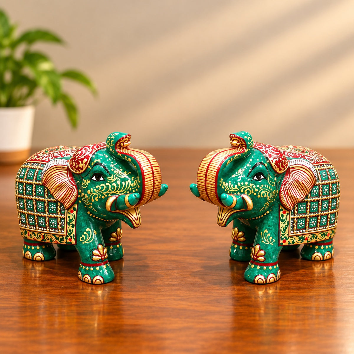 Royal Green Elephant Pair Showpiece
