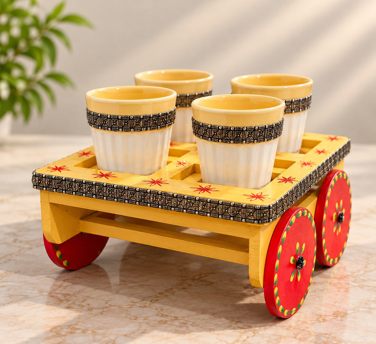 Yellow Wooden Cart Cup Set