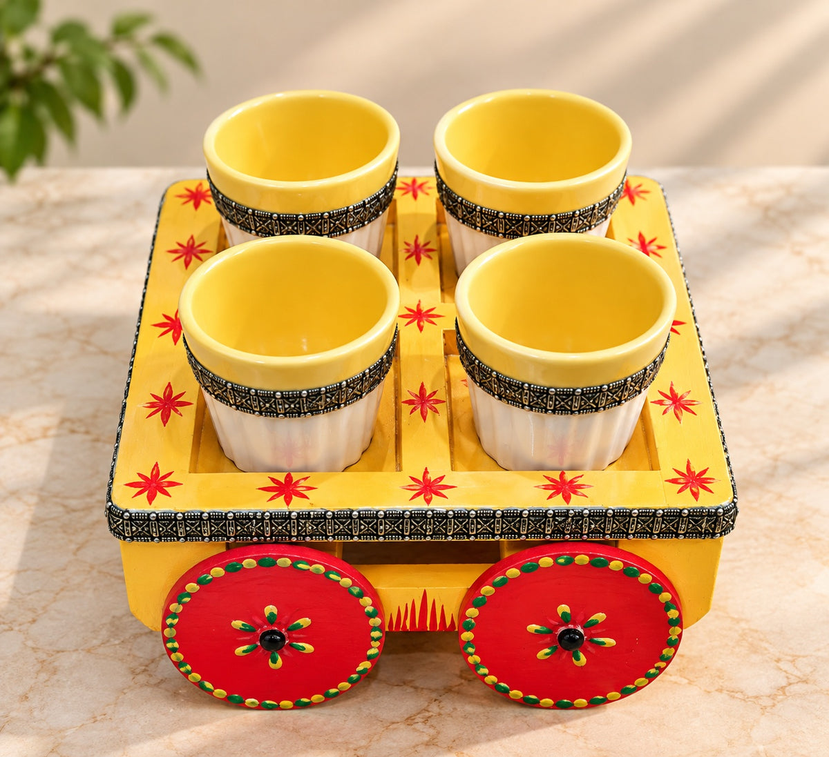 Yellow Wooden Cart Cup Set